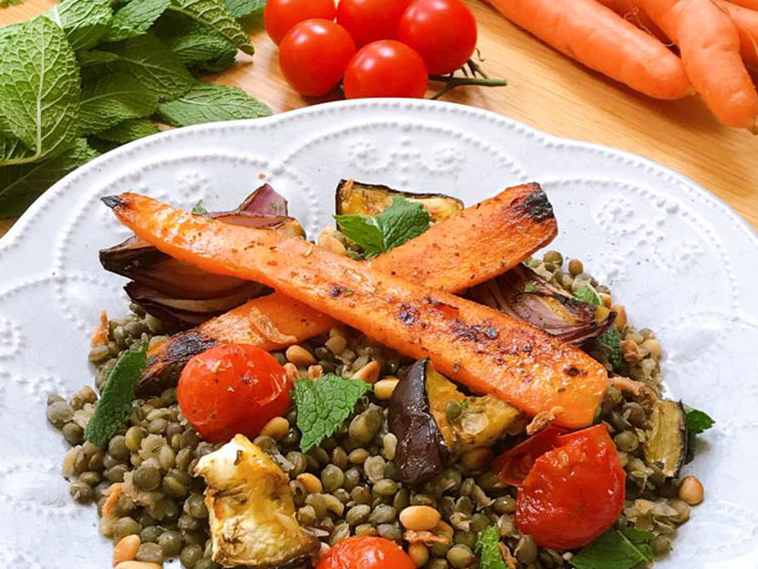 Warm lentil salad with roasted vegetables
