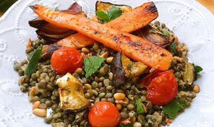 Warm lentil salad with roasted vegetables